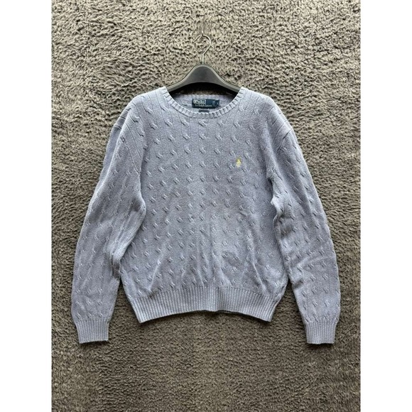 Polo Ralph Lauren Cable-Knit 100% Silk Crewneck Pullover Sweater Blue Men Size L